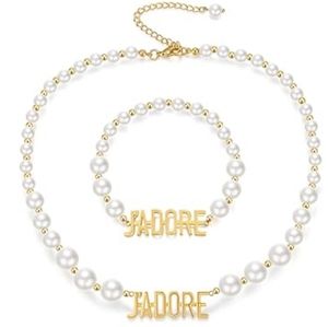 CORESKY Pearl Choker Necklaces Pearl Bracelets for Women 18K Gold Plated Letter